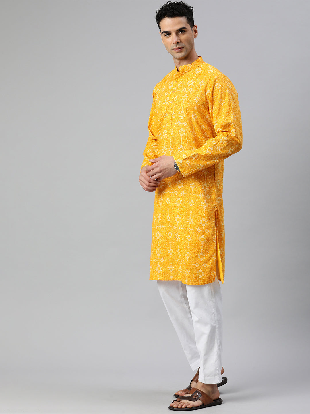 Pure cotton Printed  men's long kurta - Haldi