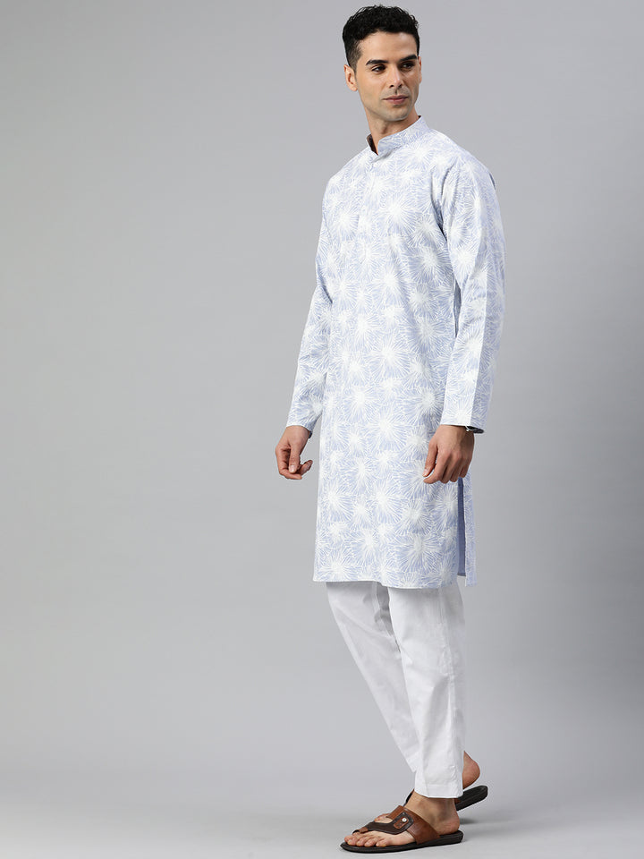 Moon flower printed pure cotton men's long kurta - Light Blue