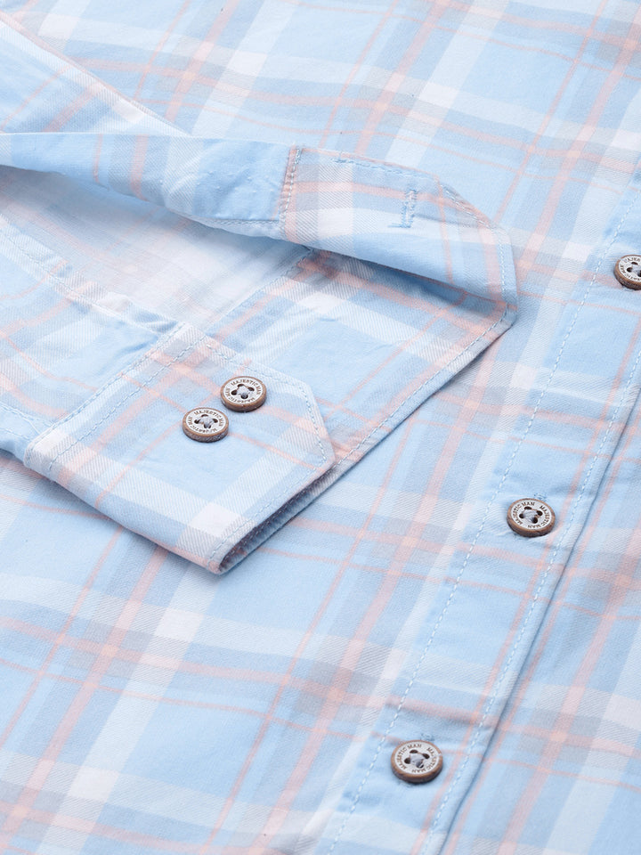 Majestic Man Checkered Slim fit Cotton Casual Shirt - Light Blue