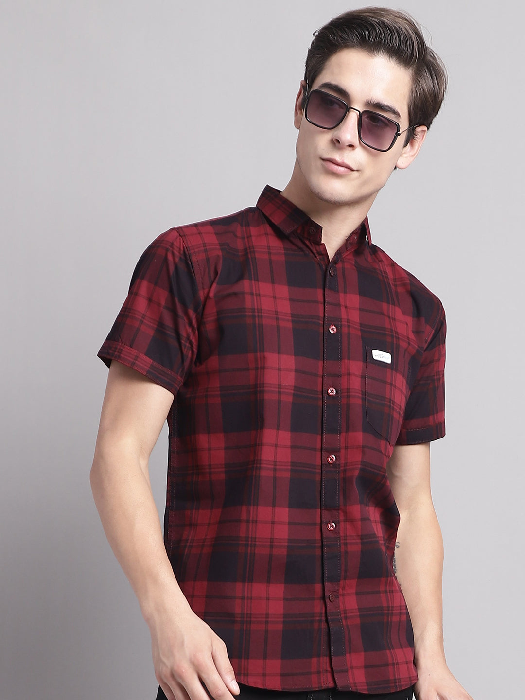 Majestic Man Cotton Casual Checkered Half Sleeve Shirt - Maroon