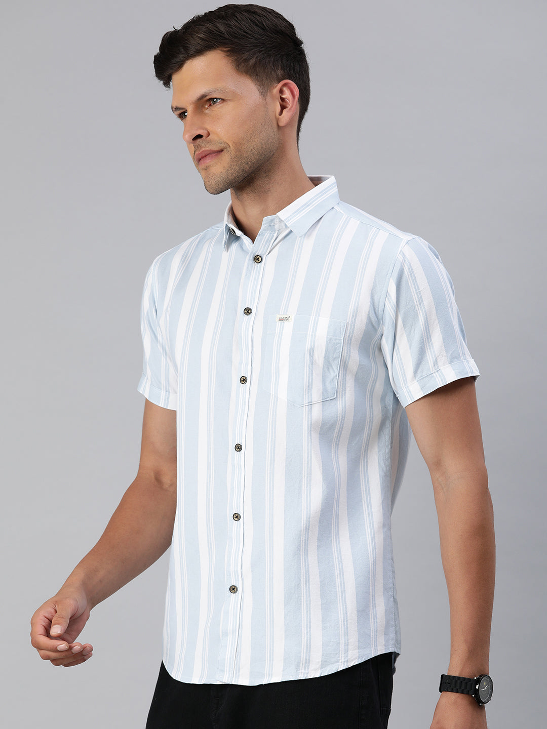 Majestic Man Pure Cotton Blocked Striped Half Sleeves Casual Shirt - Sky Blue