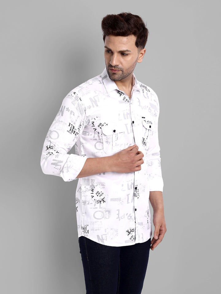 Printed Pure Cotton Cargo Shirt - White