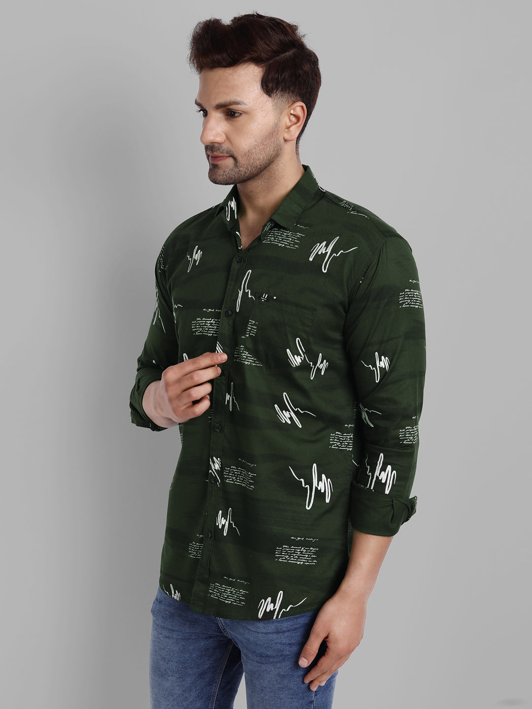 Majestic Man Pure Cotton Printed Shirt - Bottle green