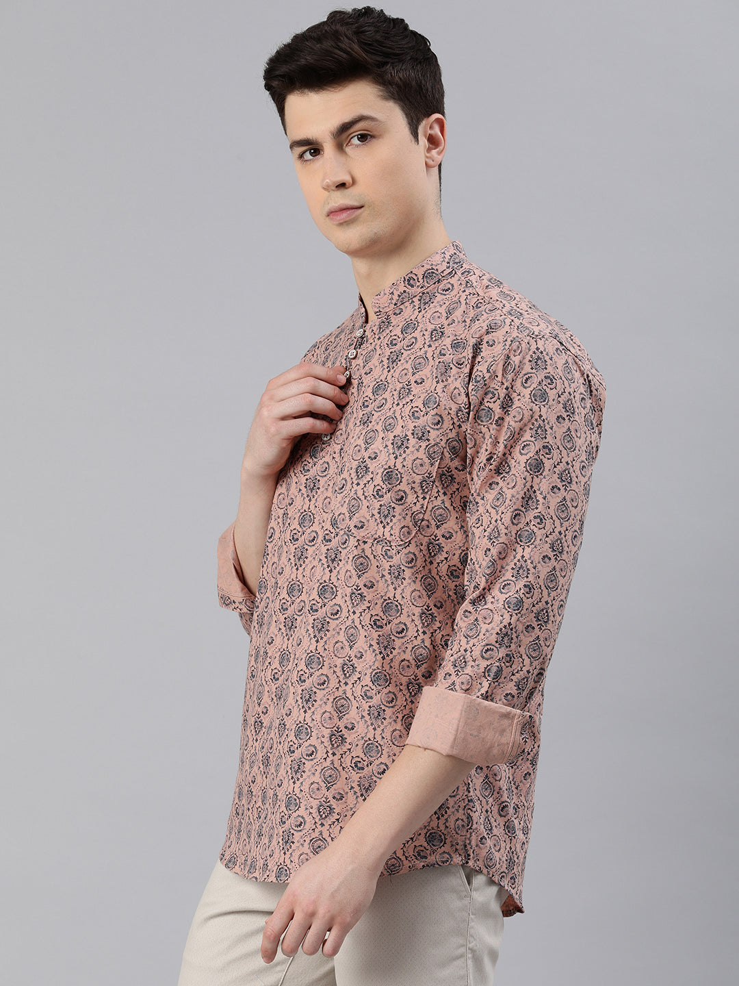 Majestic Man Cotton Printed Short Kurta - Peach