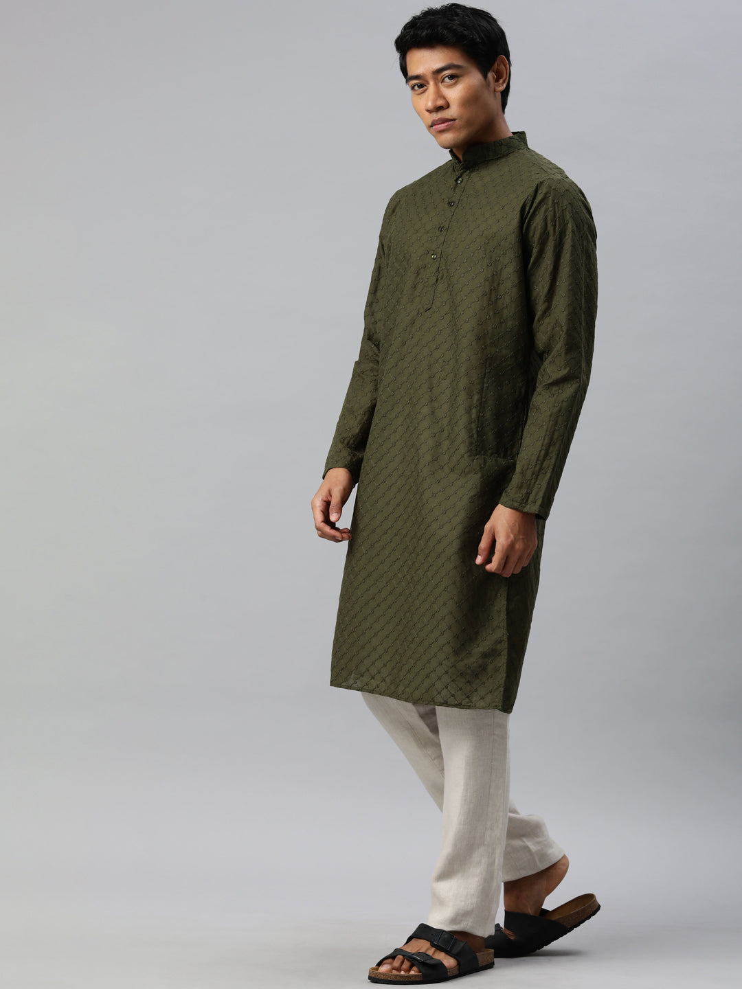 Majestic Man Ethnic Motifs Embroidered Long Kurta - Dark Green