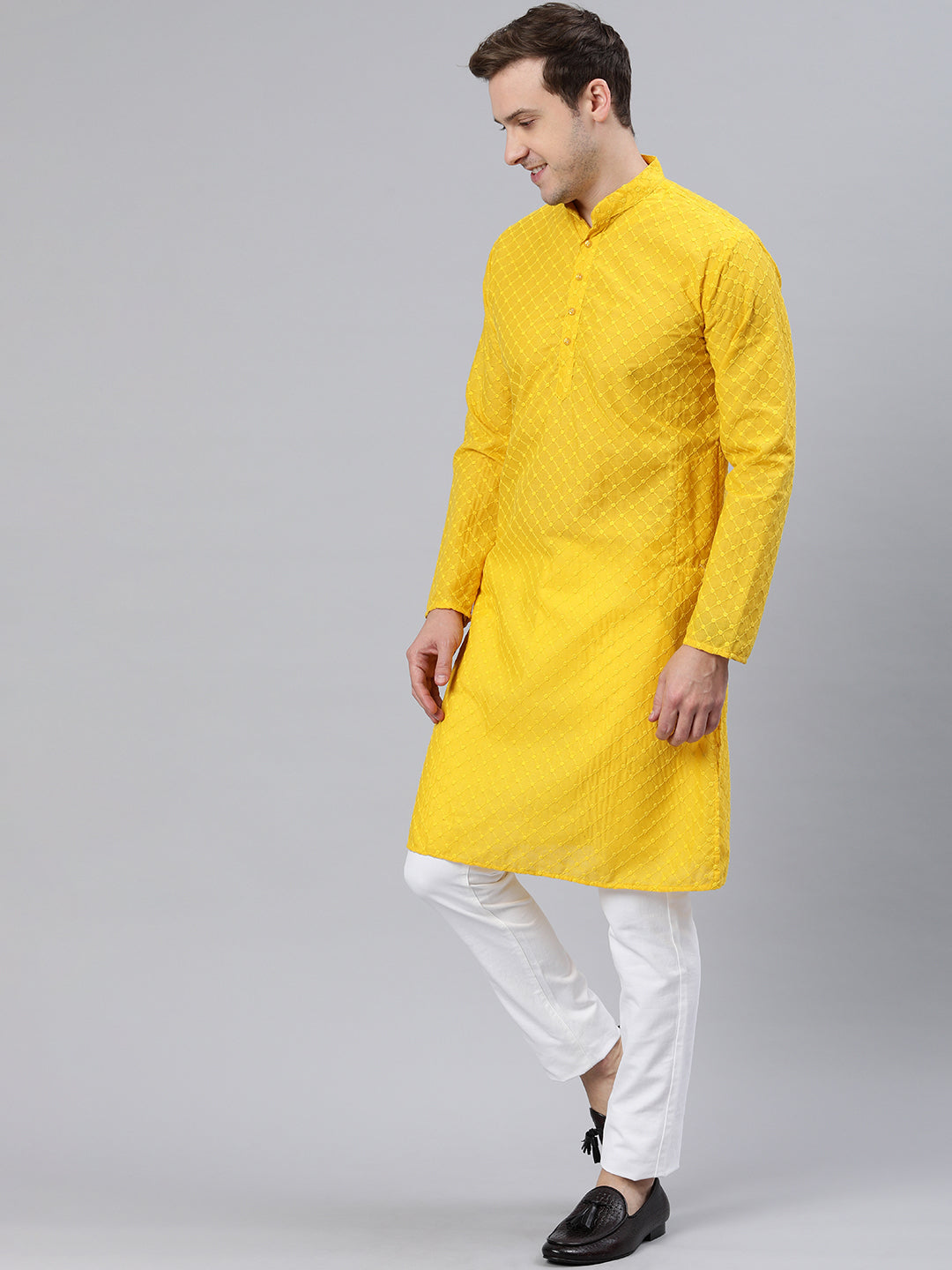 Majestic Man Ethnic Motifs Embroidered Long Kurta - Haldi