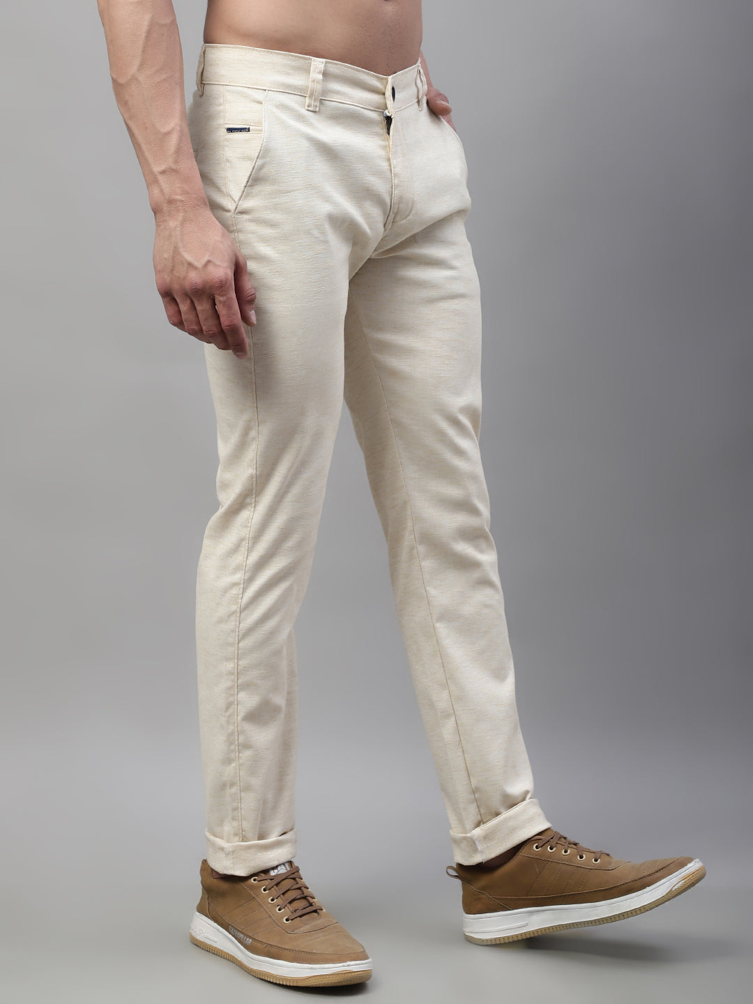 Majestic Man Regular Fit Pattern Finish Cotton Casual Solid Chinos Trouser - Cream