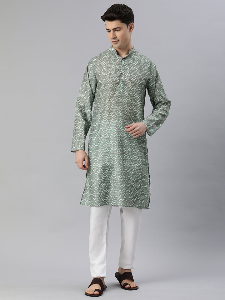 Threaded Elegance Printed Long Kurta-Green