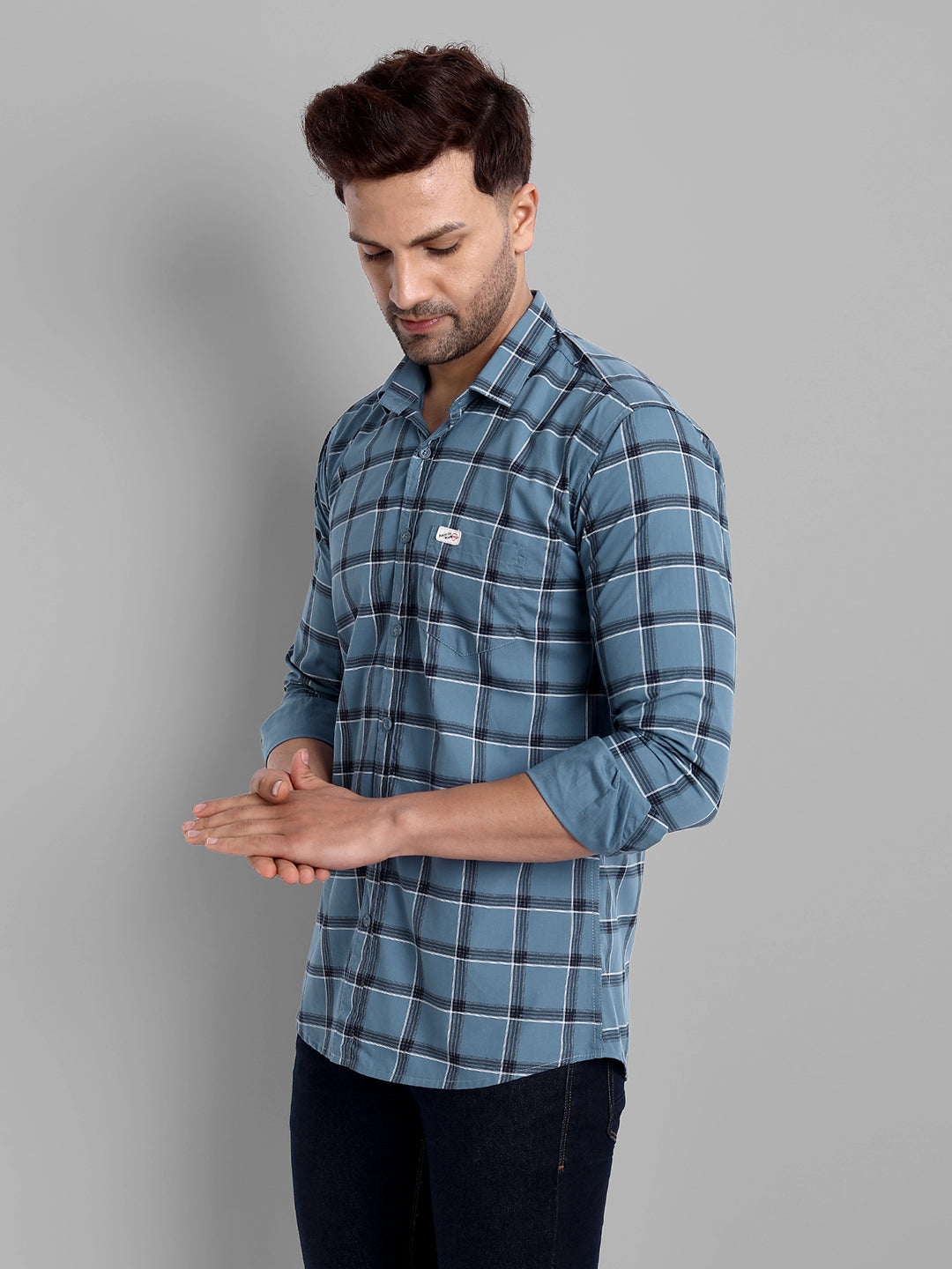 Classic Checkmate Pure Cotton Checkered Shirt - Greyish Blue