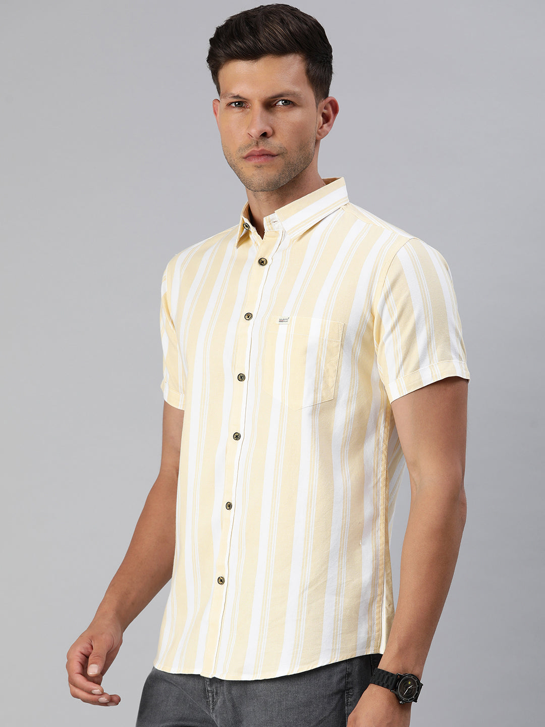 Majestic Man Pure Cotton Blocked Striped Half Sleeves Casual Shirt - Lemon