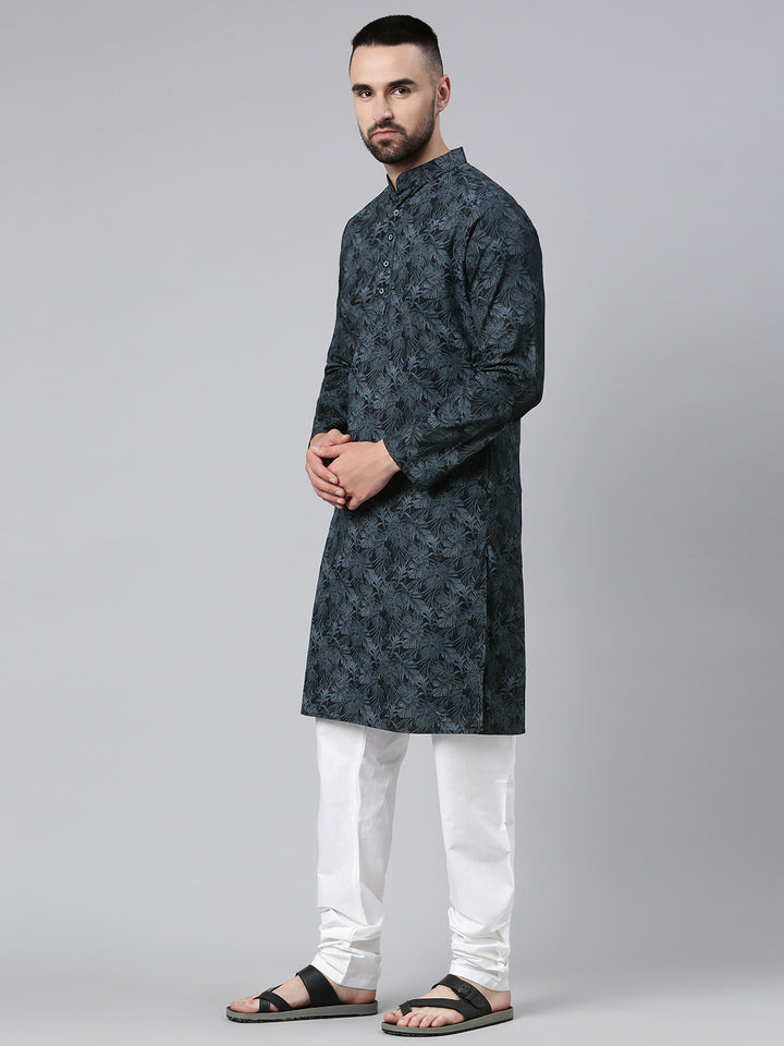 Men's Ethnic Artisanal Impressions Printed Cotton Kurta - Navy