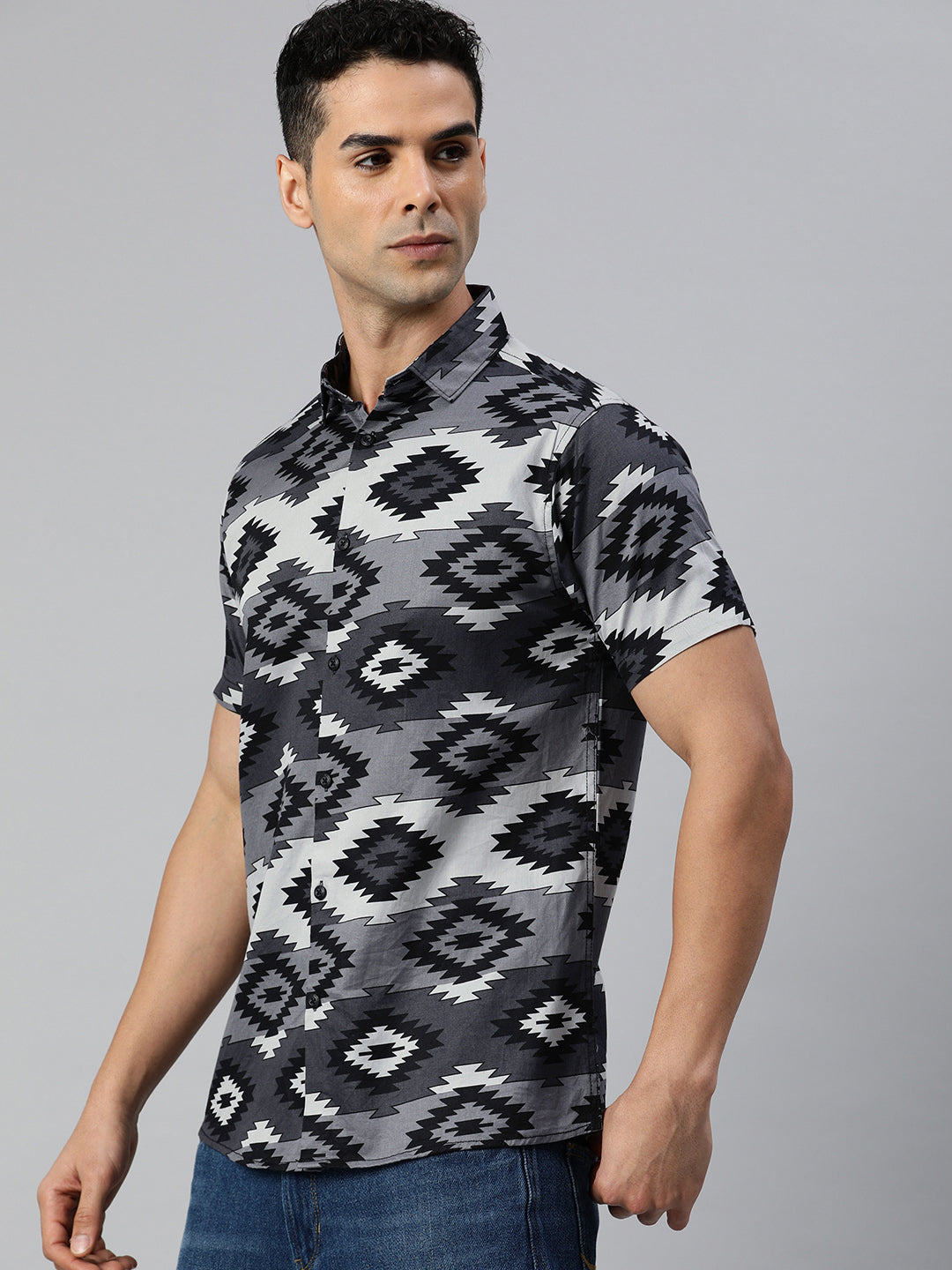 Classic pure cotton printed half shirt - Grey