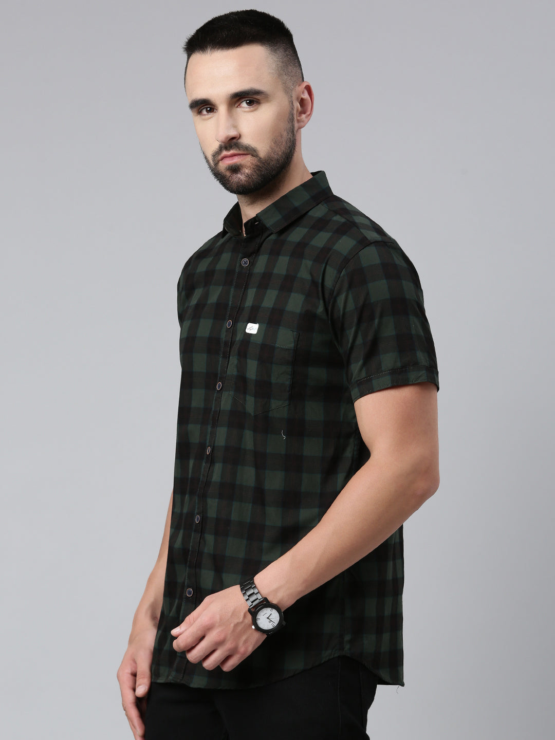 Half Sleeve Men's Casual Checkered Shirt - Bottle Green