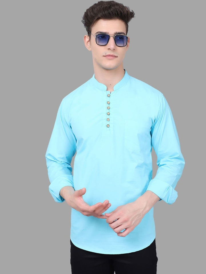 Classic Elegance Pure Cotton Solid Short Kurta - Firozi