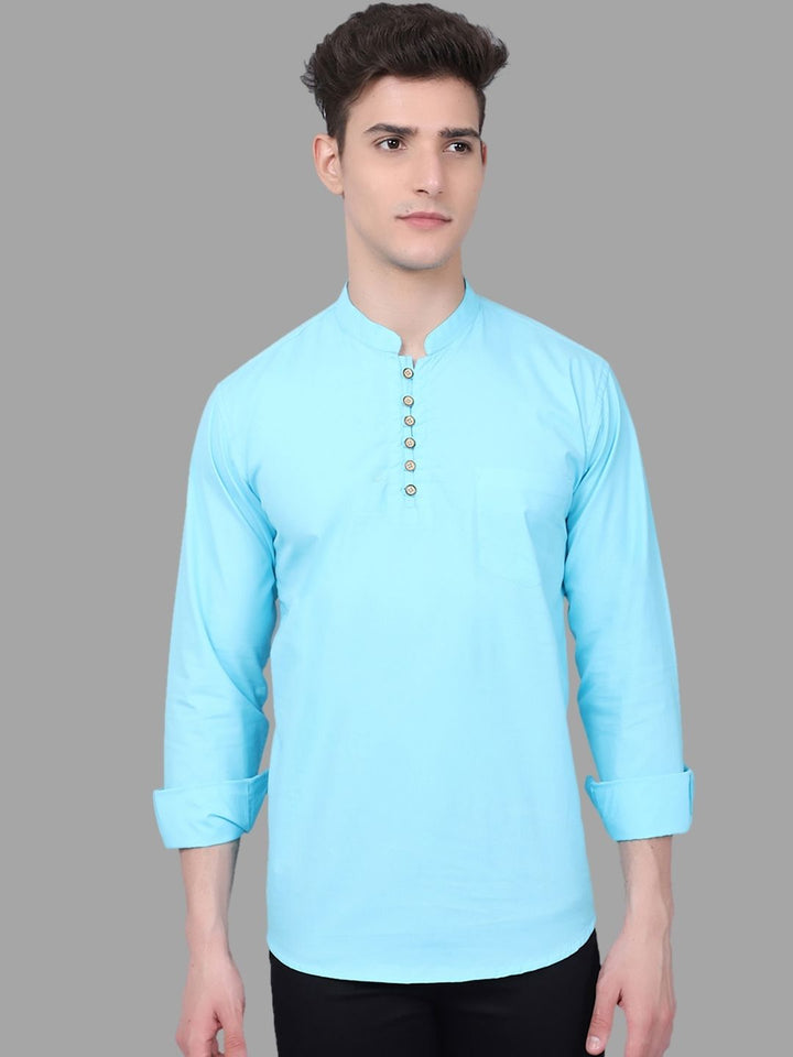 Classic Elegance Pure Cotton Solid Short Kurta - Firozi