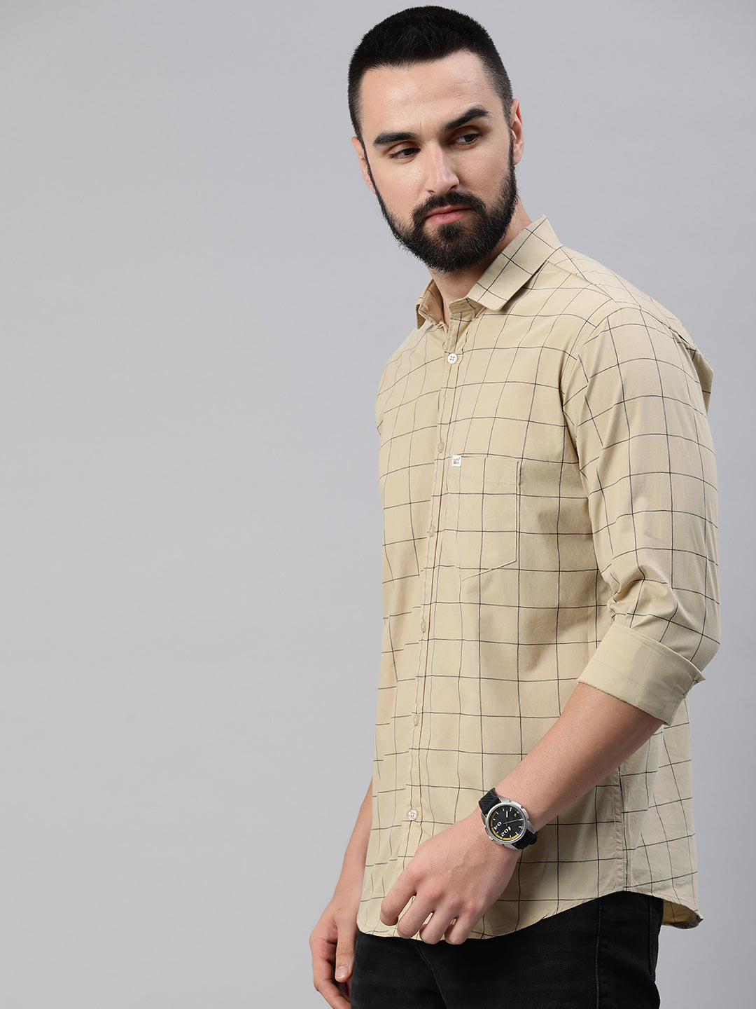 Majestic Man Checkered Slim fit Cotton Casual Shirt - Beige
