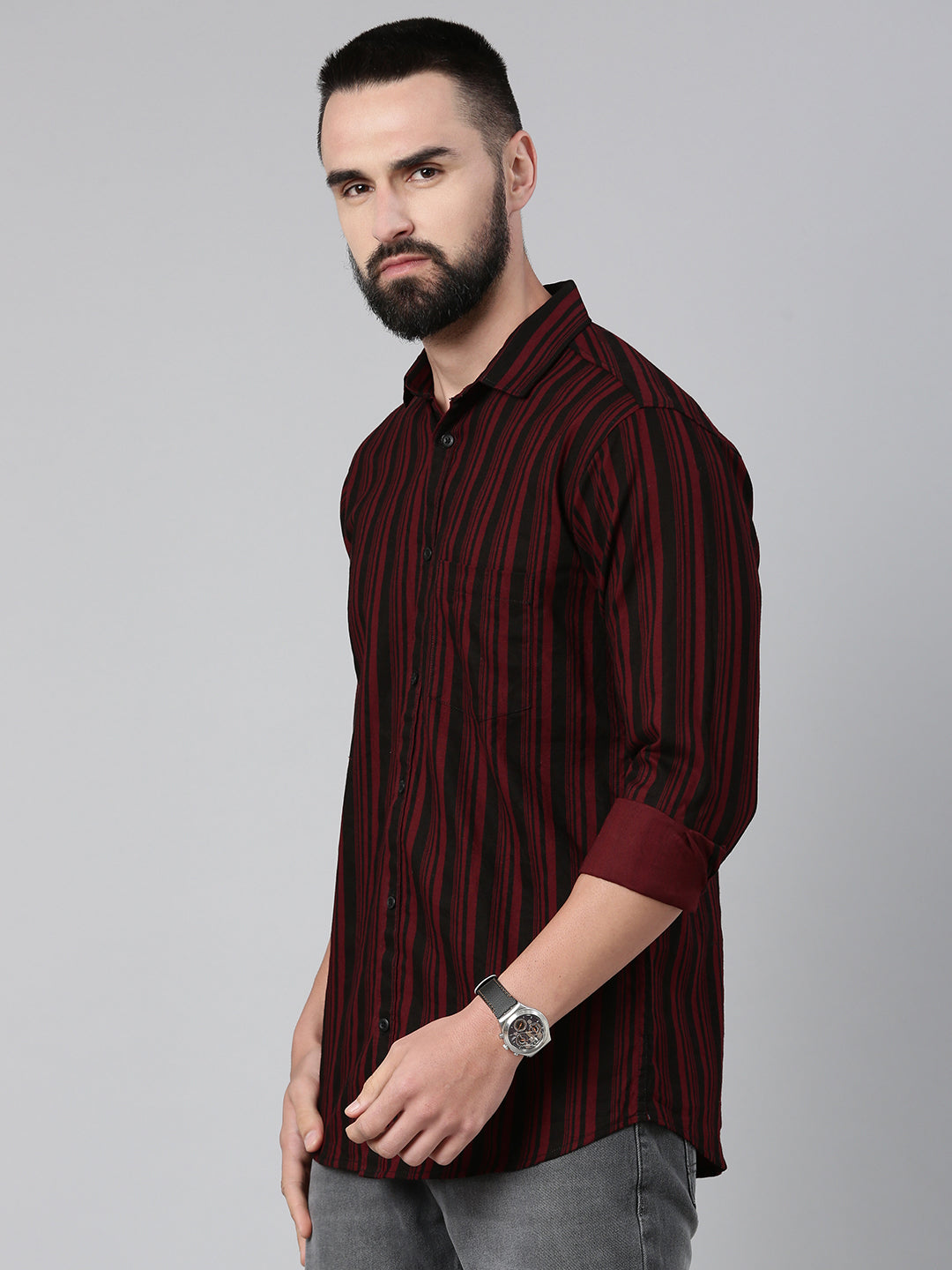 Men's Pure Cotton Slim Fit Striped Shirt - Maroon