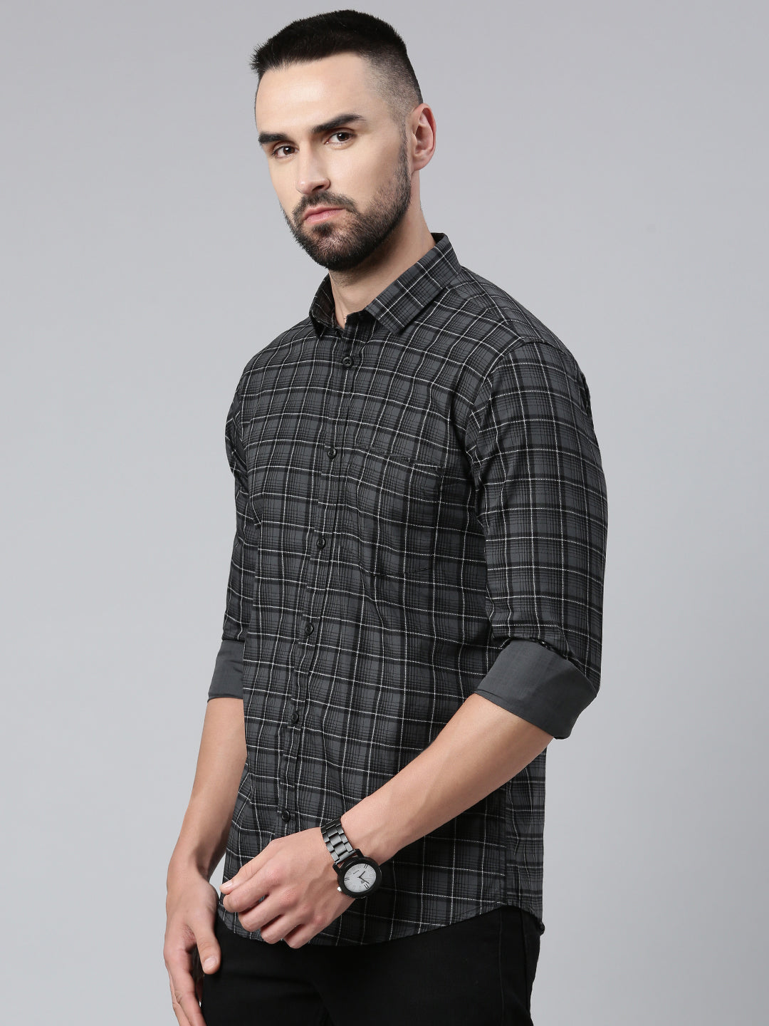Majestic Man Checkered Cotton Slim fit Casual Shirt - Grey