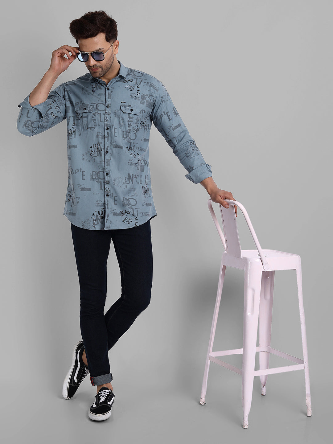 Printed Pure Cotton Cargo Shirt - Greyish Blue