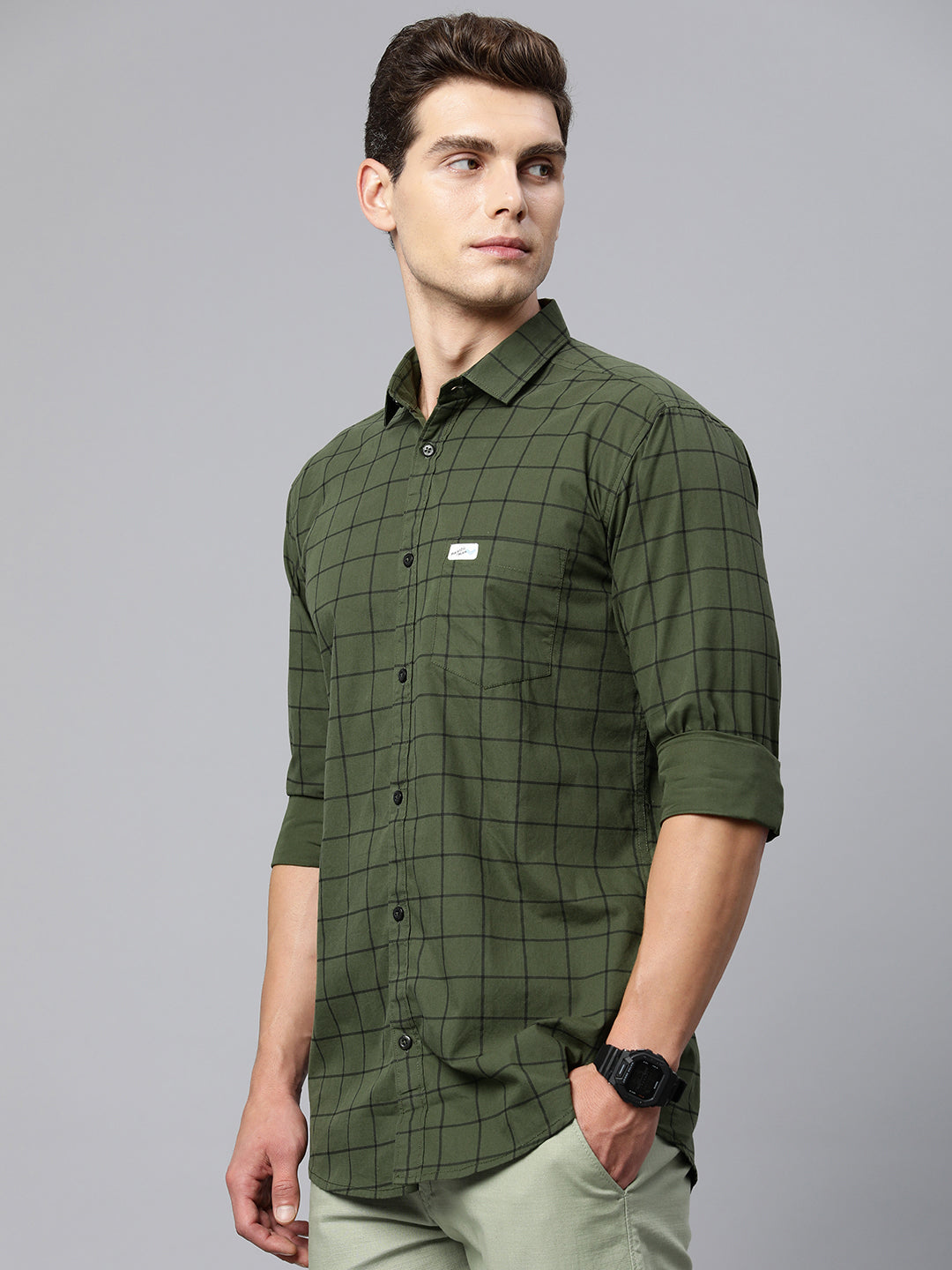 Majestic Man Checkered Slim fit Cotton Casual Shirt - Army Green