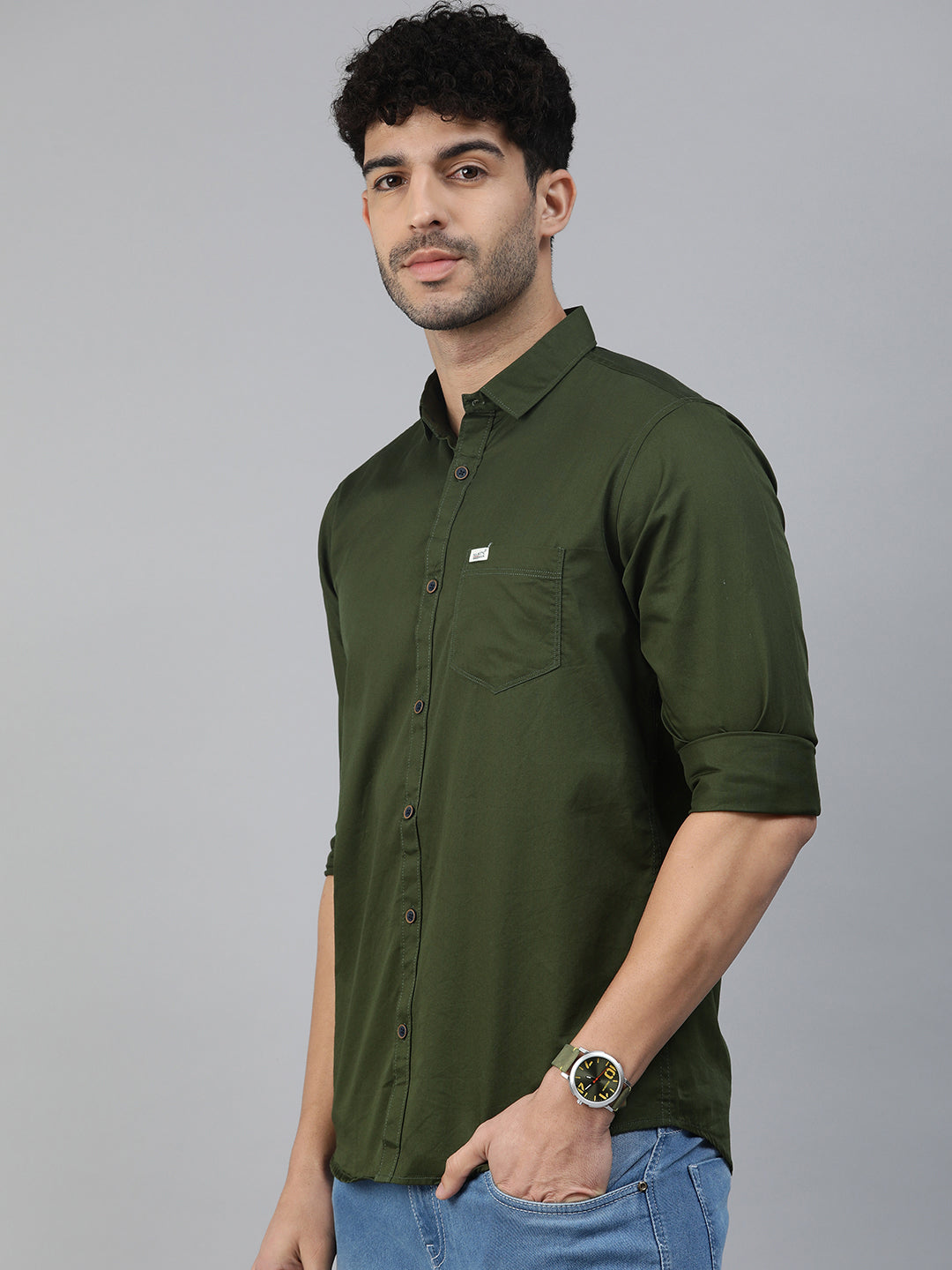 Majestic Man Comfort Slim Fit Solid Cotton Casual Shirt - Olive