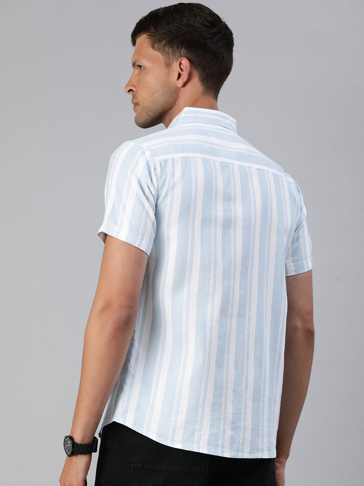 Majestic Man Pure Cotton Blocked Striped Half Sleeves Casual Shirt - Sky Blue