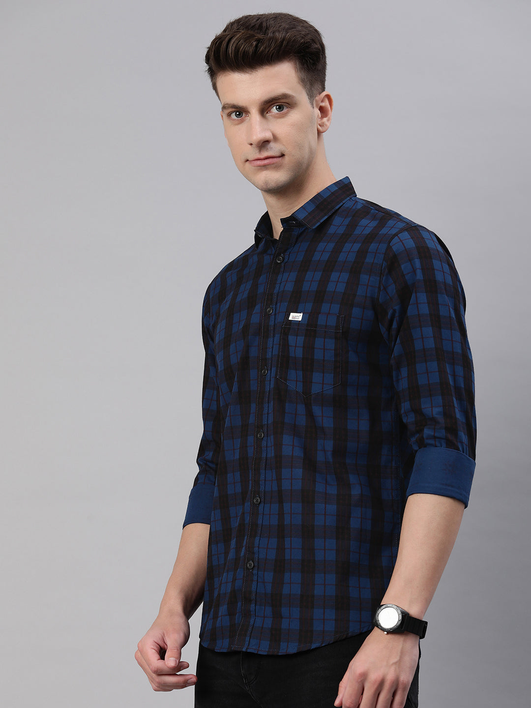 Majestic Man Checkered Slim fit Cotton Casual Shirt - Dark Blue