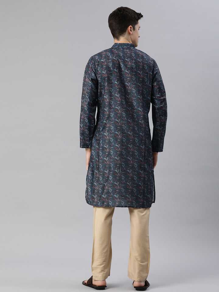 Threaded Elegance Printed Long Kurta-Dark Blue