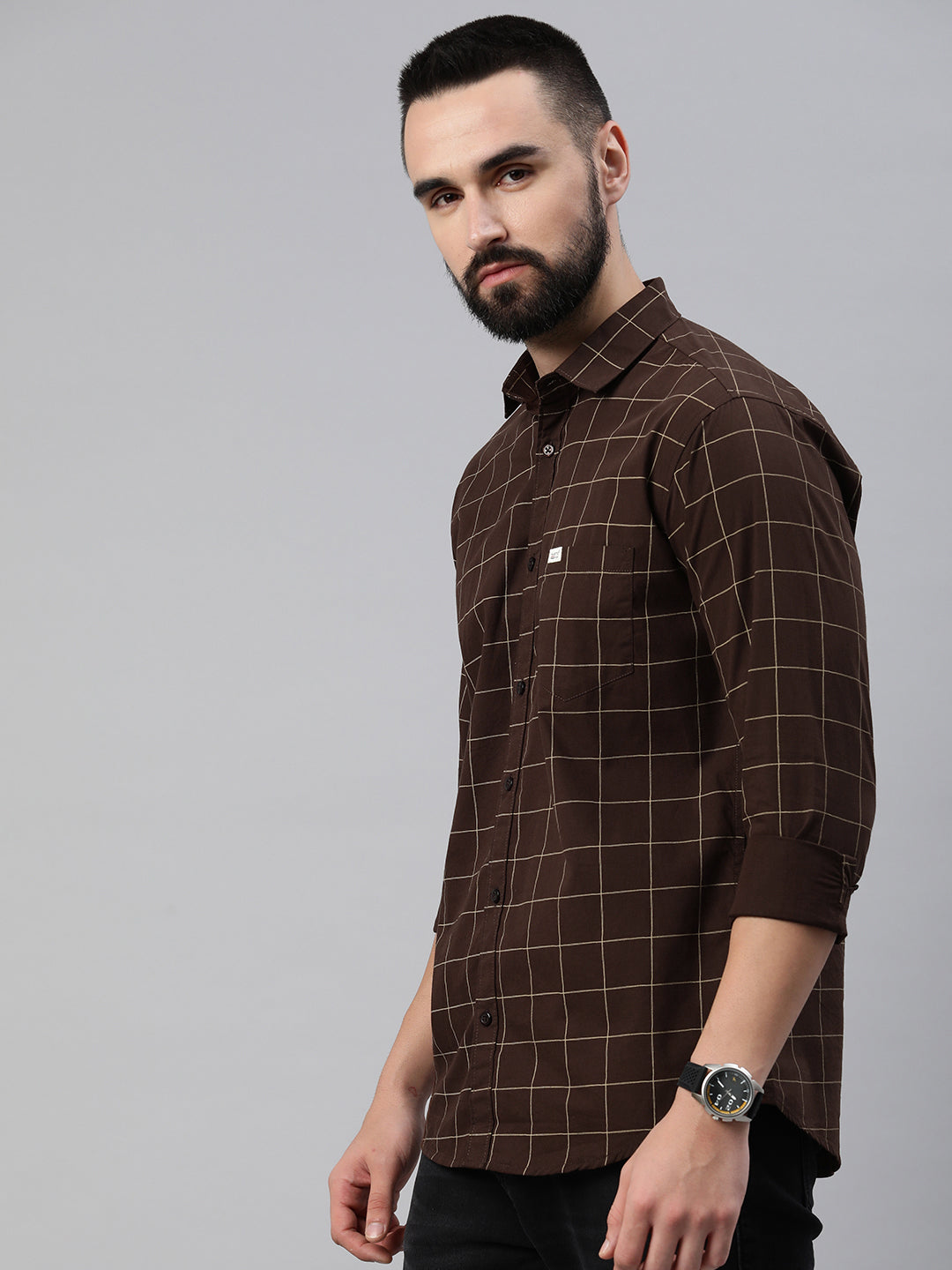 Majestic Man Checkered Slim fit Cotton Casual Shirt - Coffee