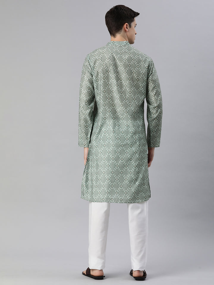 Threaded Elegance Printed Long Kurta-Green