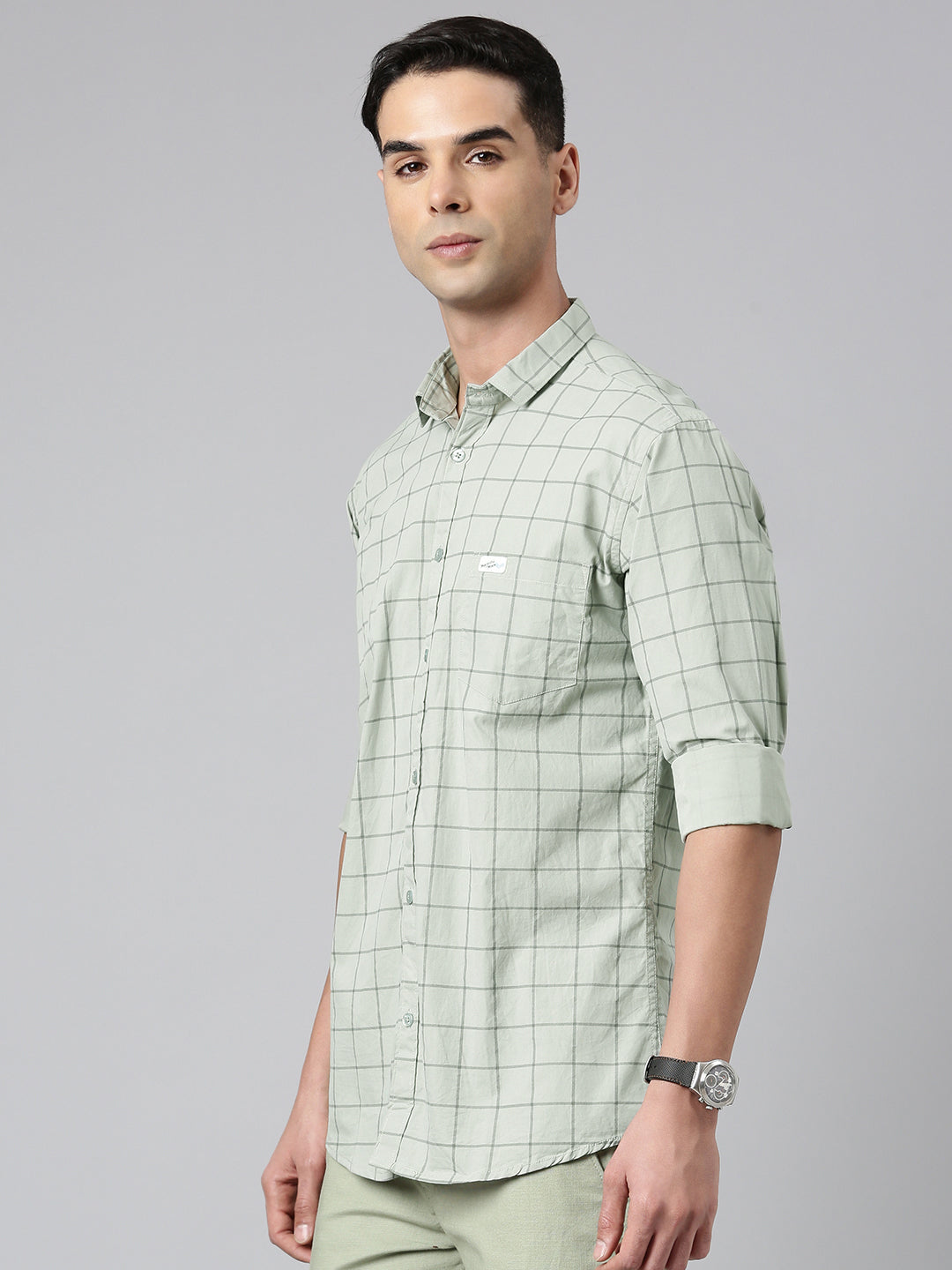 Majestic Man Checkered Slim fit Cotton Casual Shirt - Light Grey