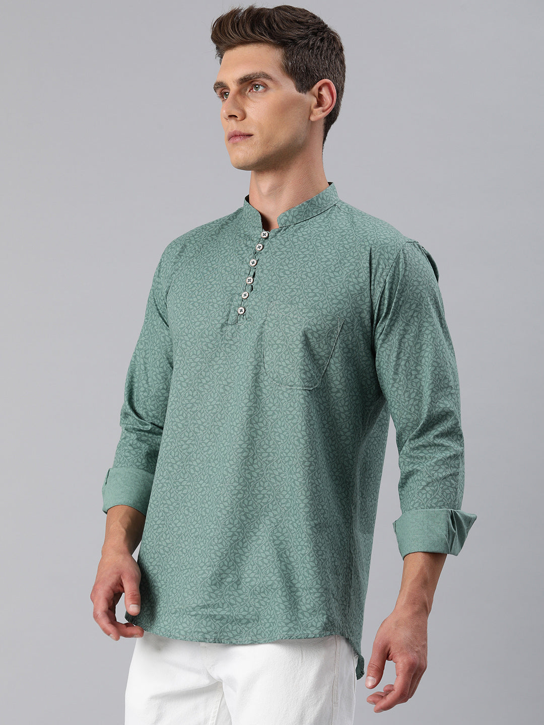 Majestic Man Slim Fit Cotton Printed Short Kurta - Green