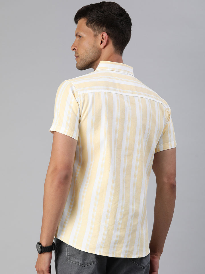 Majestic Man Pure Cotton Blocked Striped Half Sleeves Casual Shirt - Lemon