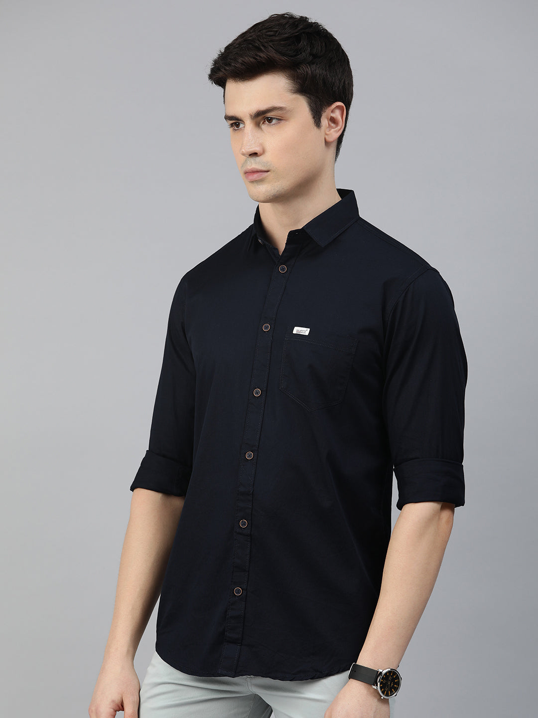Majestic Man Comfort Slim Fit Solid Cotton Casual Shirt - Navy Blue