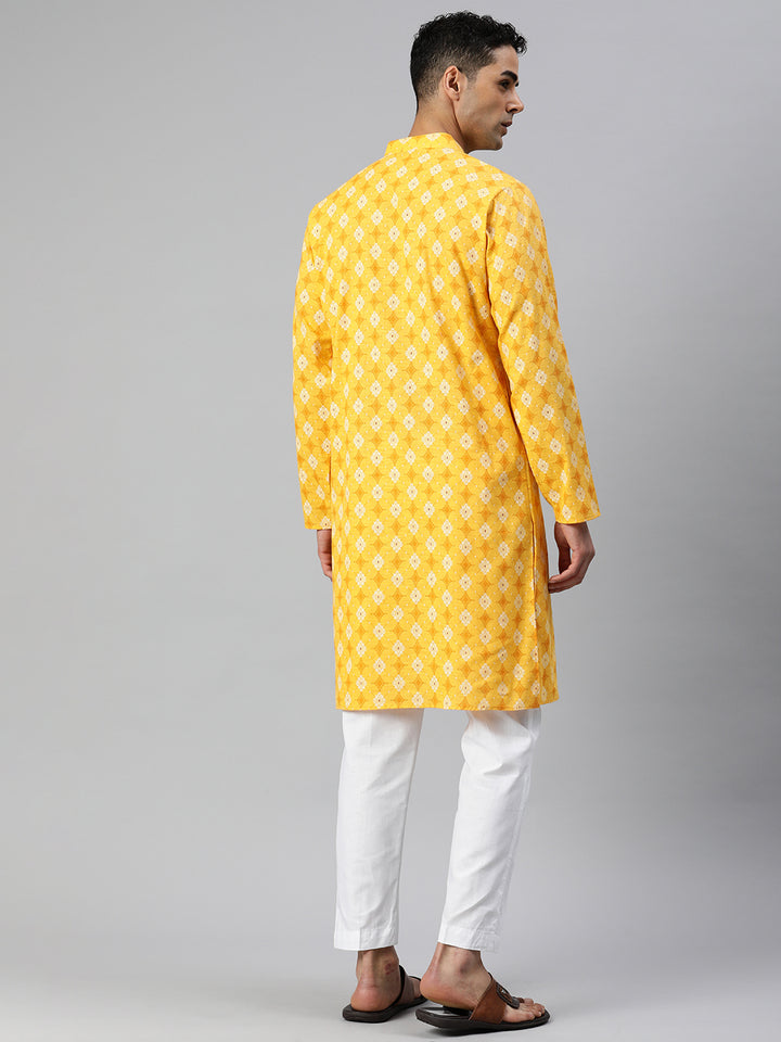 Pure cotton Printed  men's long kurta - Yellow