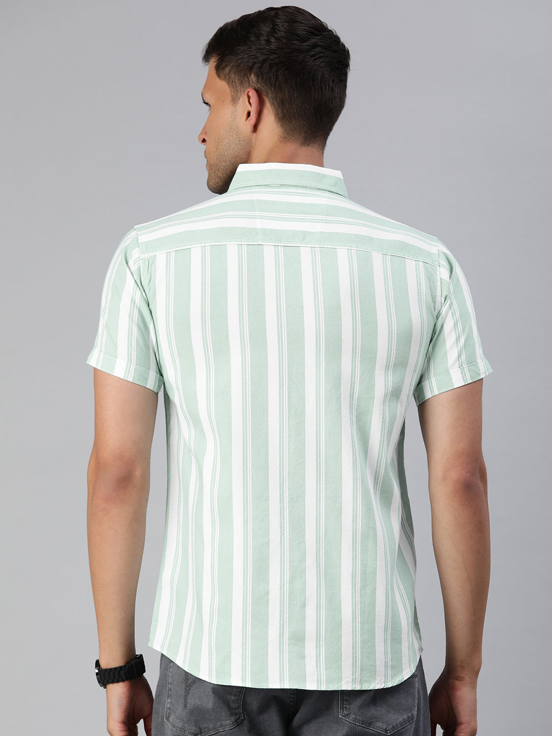 Majestic Man Pure Cotton Blocked Striped Half Sleeves Casual Shirt - Sea Green