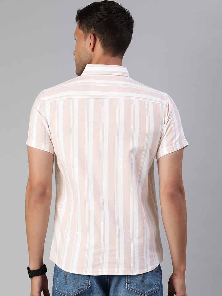 Majestic Man Pure Cotton Blocked Striped Half Sleeves Casual Shirt - Light Pink