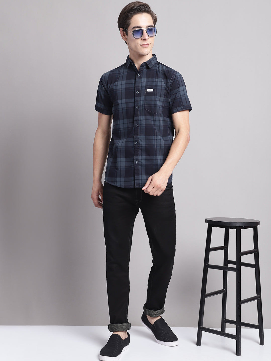 Majestic Man Cotton Casual Checkered Half Sleeve Shirt - Dusty Blue