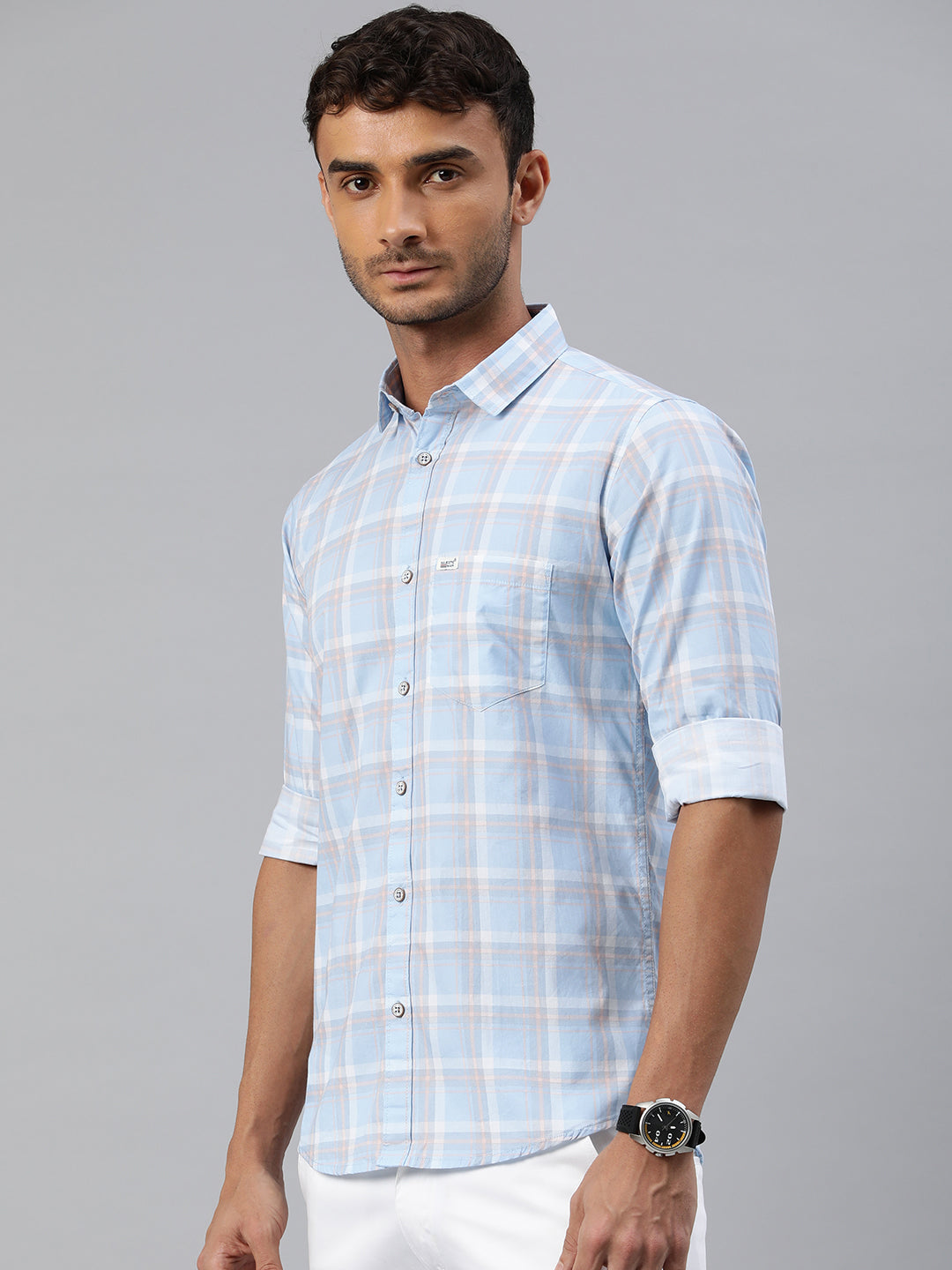 Majestic Man Checkered Slim fit Cotton Casual Shirt - Light Blue