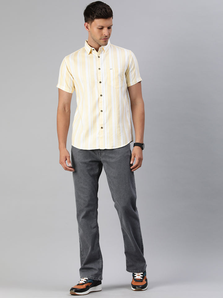 Majestic Man Pure Cotton Blocked Striped Half Sleeves Casual Shirt - Lemon