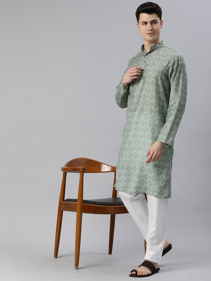 Threaded Elegance Printed Long Kurta-Green