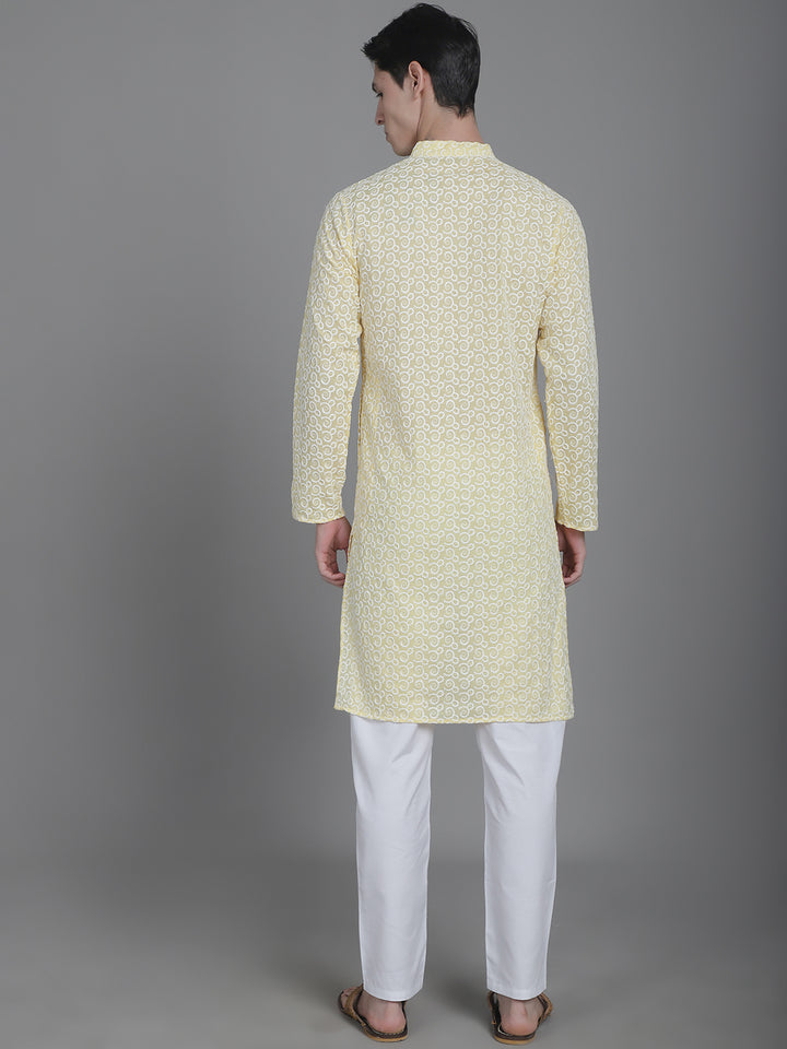 Cotton Comfort men's Kurta with Overall Embroidery - Yellow