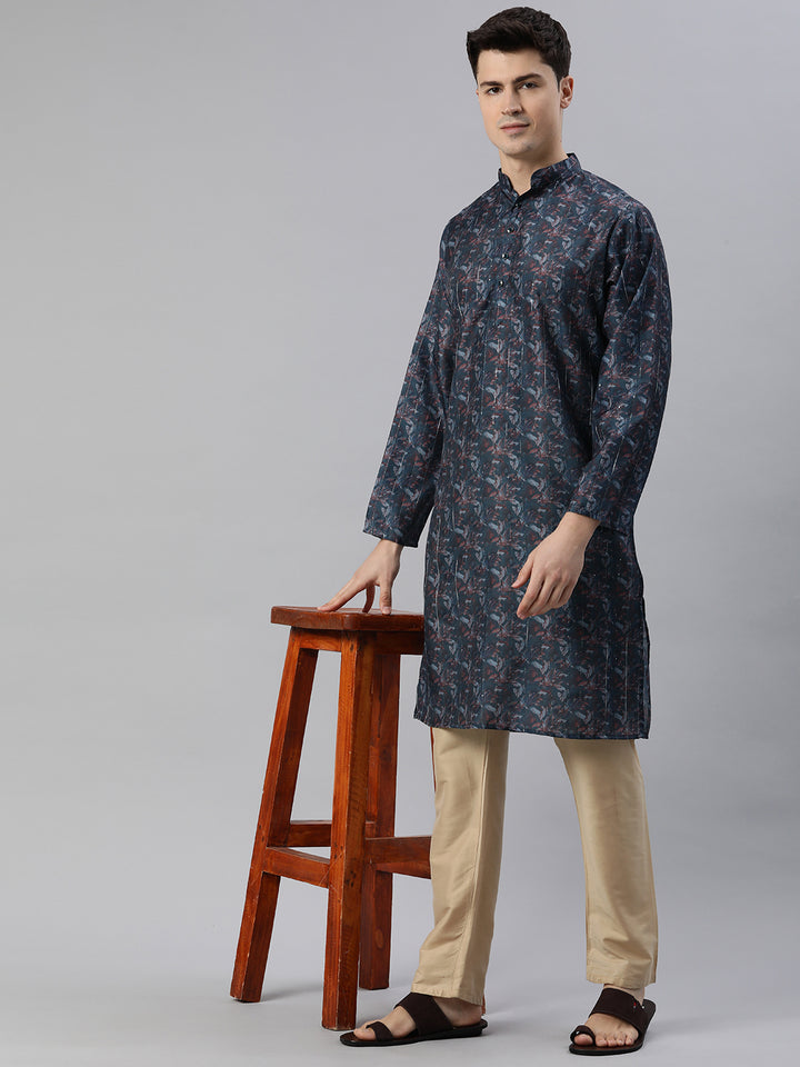 Threaded Elegance Printed Long Kurta-Dark Blue