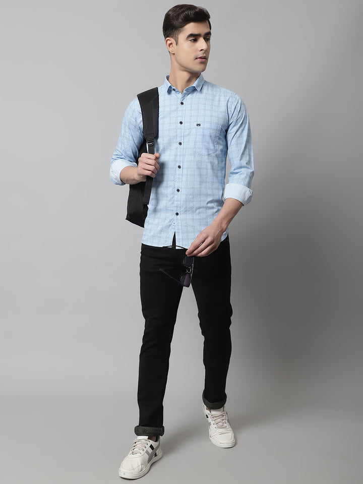 Classy Pure Cotton Checkered Shirt - Light Blue