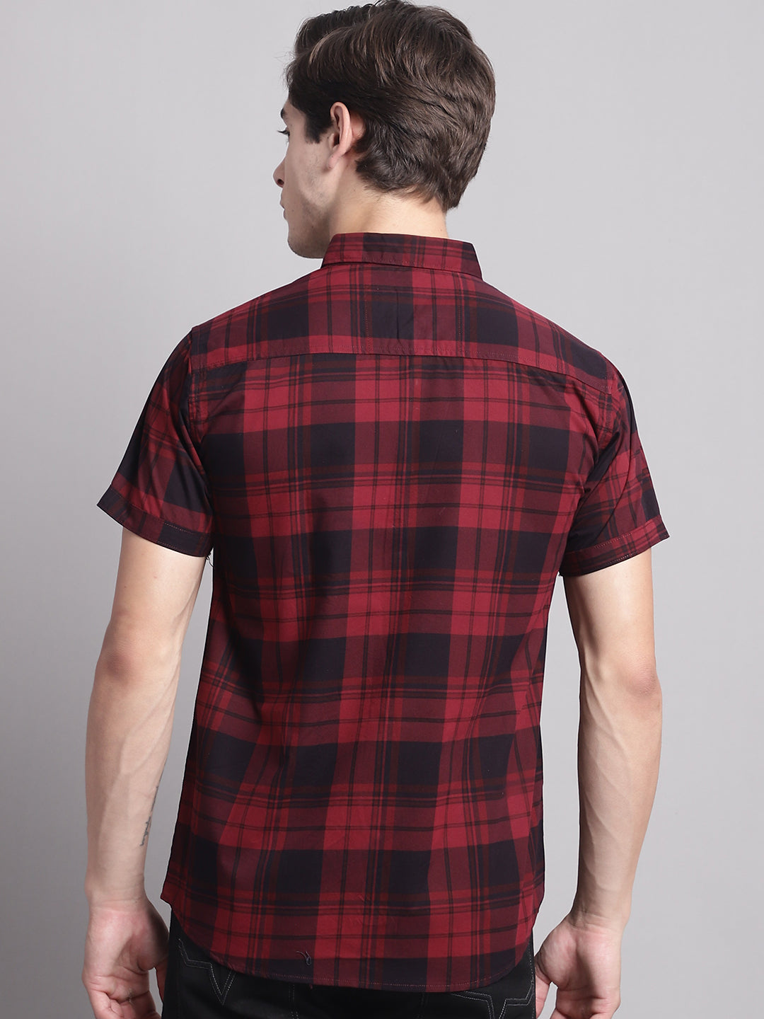 Majestic Man Cotton Casual Checkered Half Sleeve Shirt - Maroon