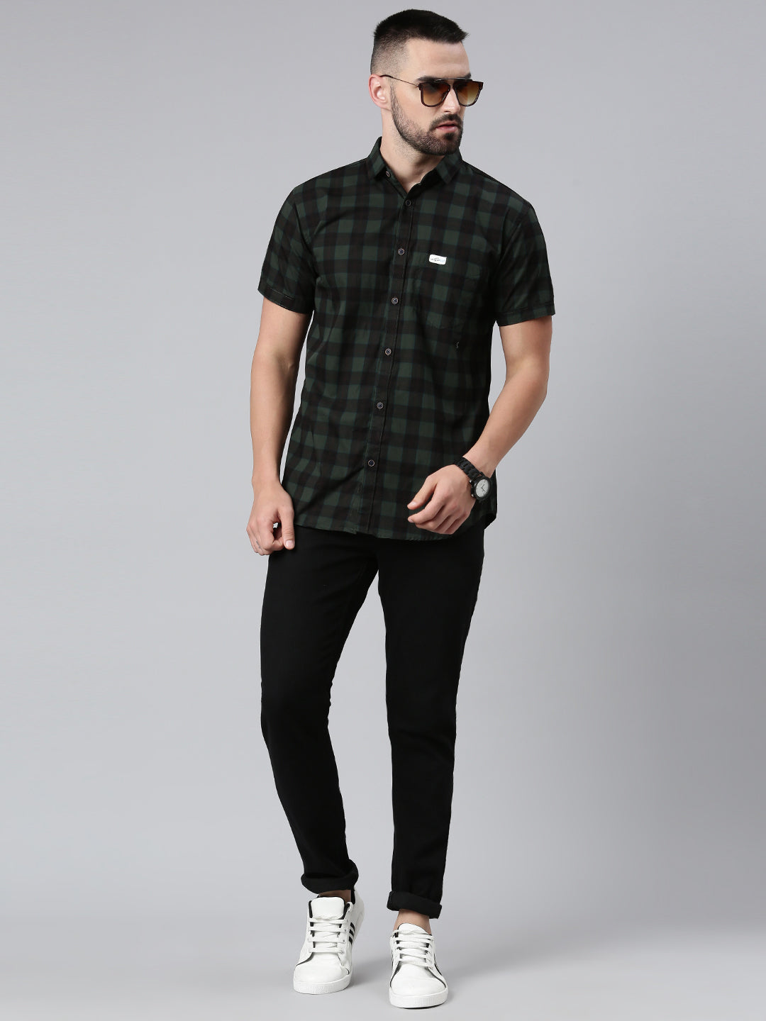 Half Sleeve Men's Casual Checkered Shirt - Bottle Green