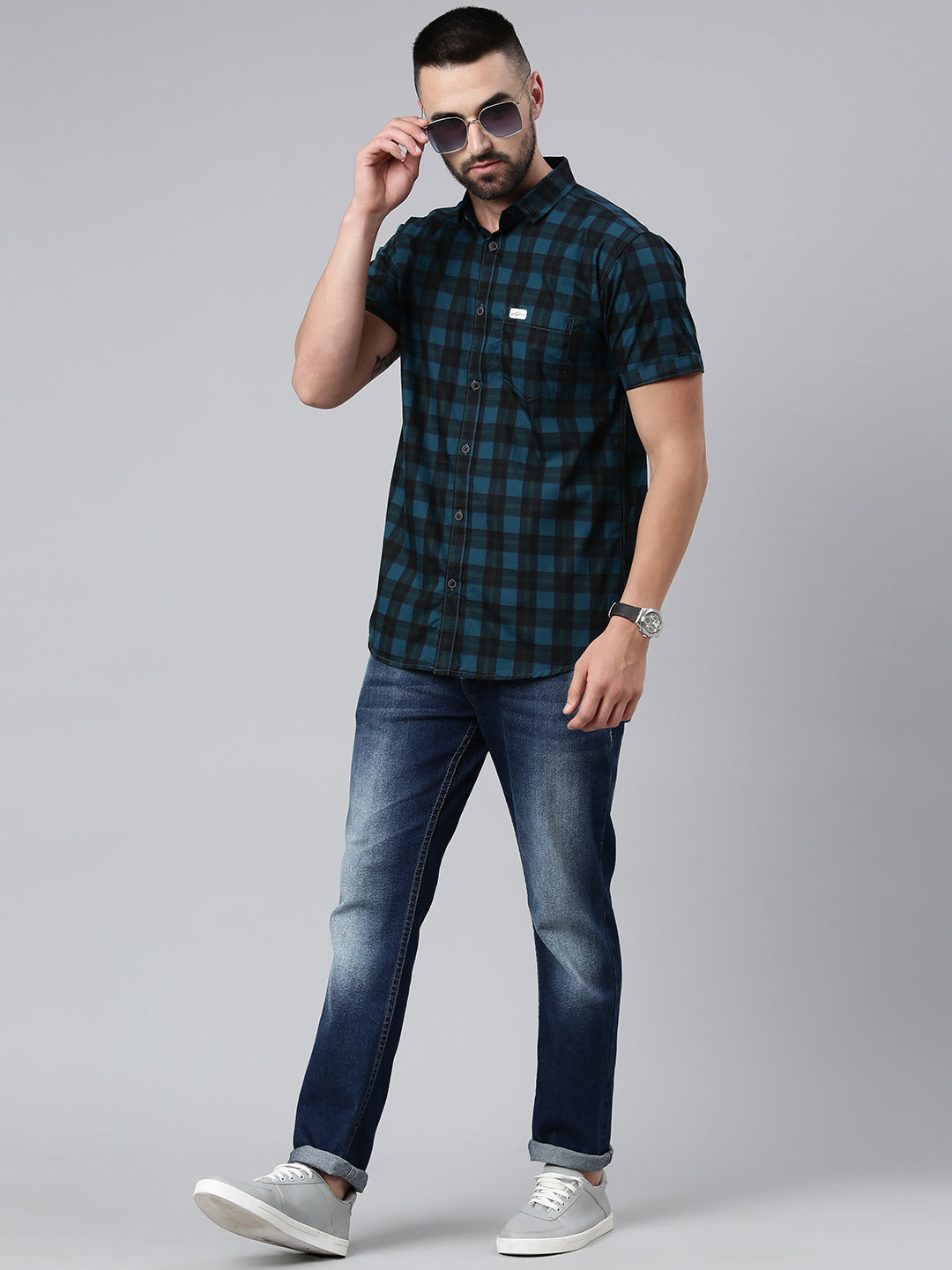 Half Sleeve Men's Casual Checkered Shirt - Blue