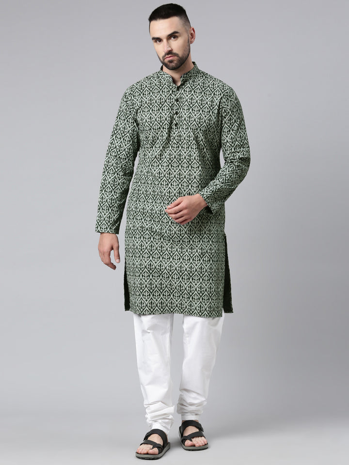 Men's Ethnic Artisanal Impressions Printed Cotton Kurta - Dark Green