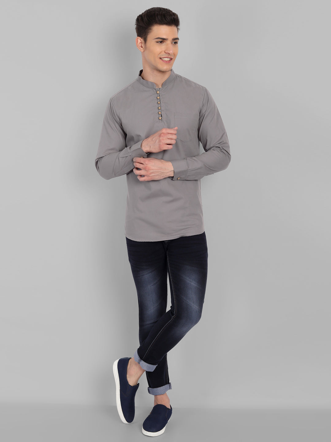 Classic Elegance Pure Cotton Solid Short Kurta - Grey