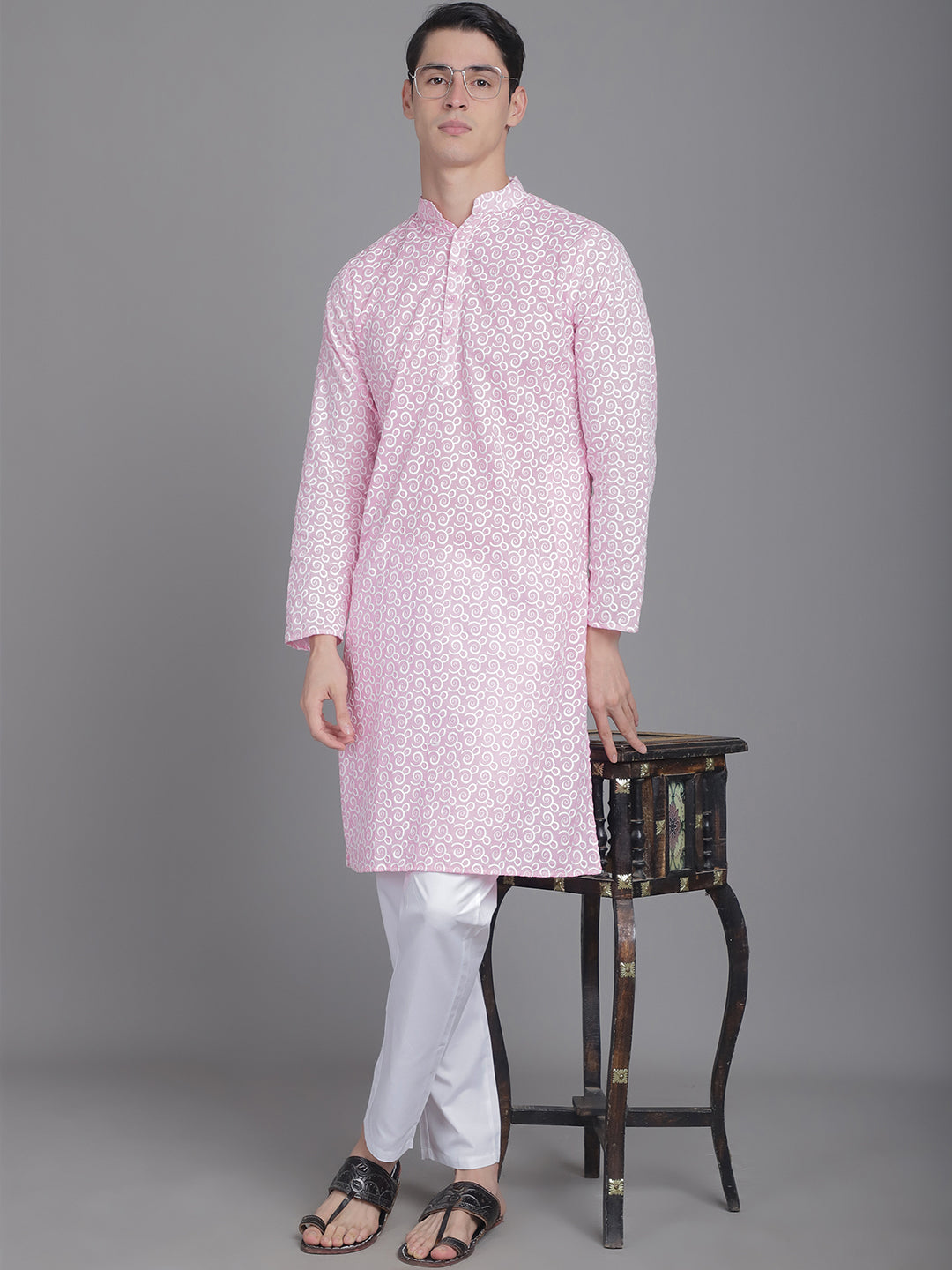 Cotton Comfort men's Kurta with Overall Embroidery - Pink